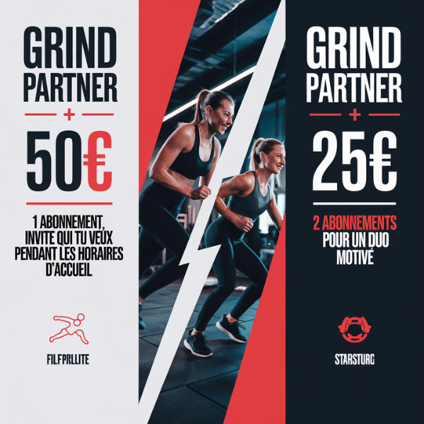 Avec Grind Partner, vous avez 1 abonnement et la possibilité de ramener qui vous voulez à chaque séance, tant que vous respectez les horaires de présence de l’accueil. Changez de partenaire d’entraînement autant de fois que vous le souhaitez : amis, famille, collègues... à vous de choisir !